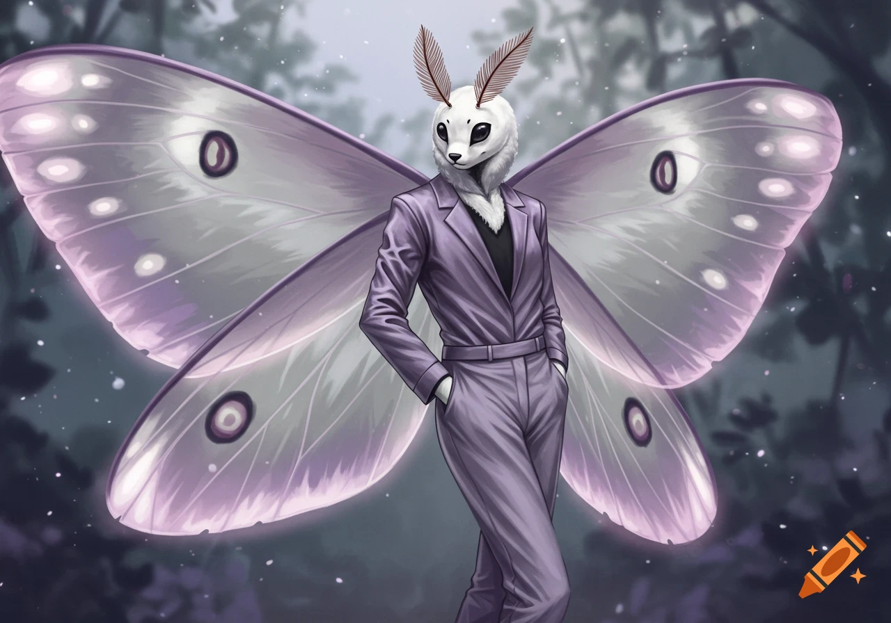 An anthropomorphic white moth in a purple suit with large translucent purple gradient wings in a misty forest, digital art.