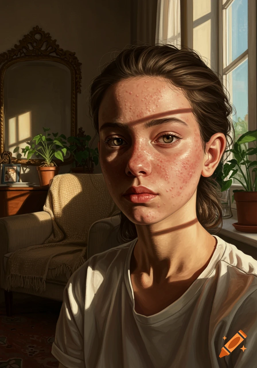 A close-up portrait of a young girl with acne, bathed in warm sunlight coming through a window, against a cozy indoor background.