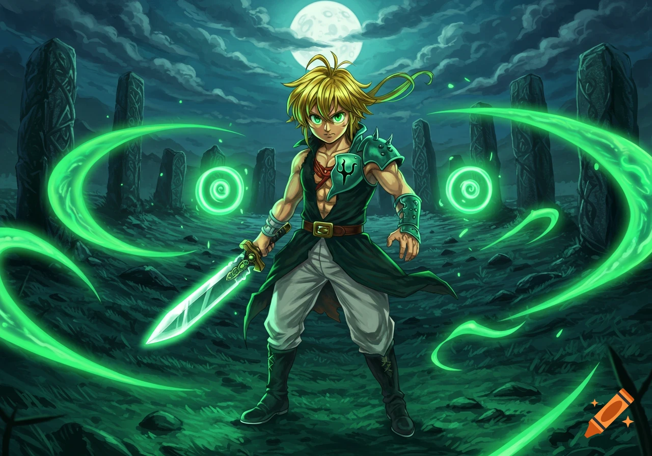An anime character, Meliodas, stands in a dark, mystical landscape under a full moon, wielding a glowing sword amidst green energy.