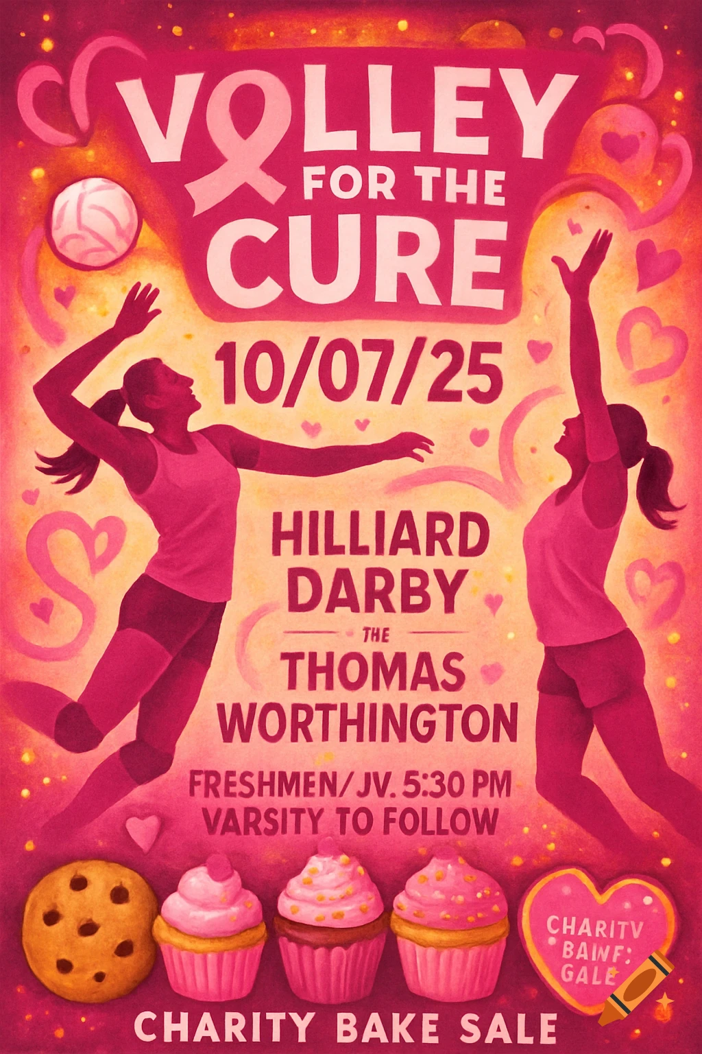 A pink illustrated poster for 'Volley for the Cure' featuring two silhouetted volleyball players, event details, and baked goods.