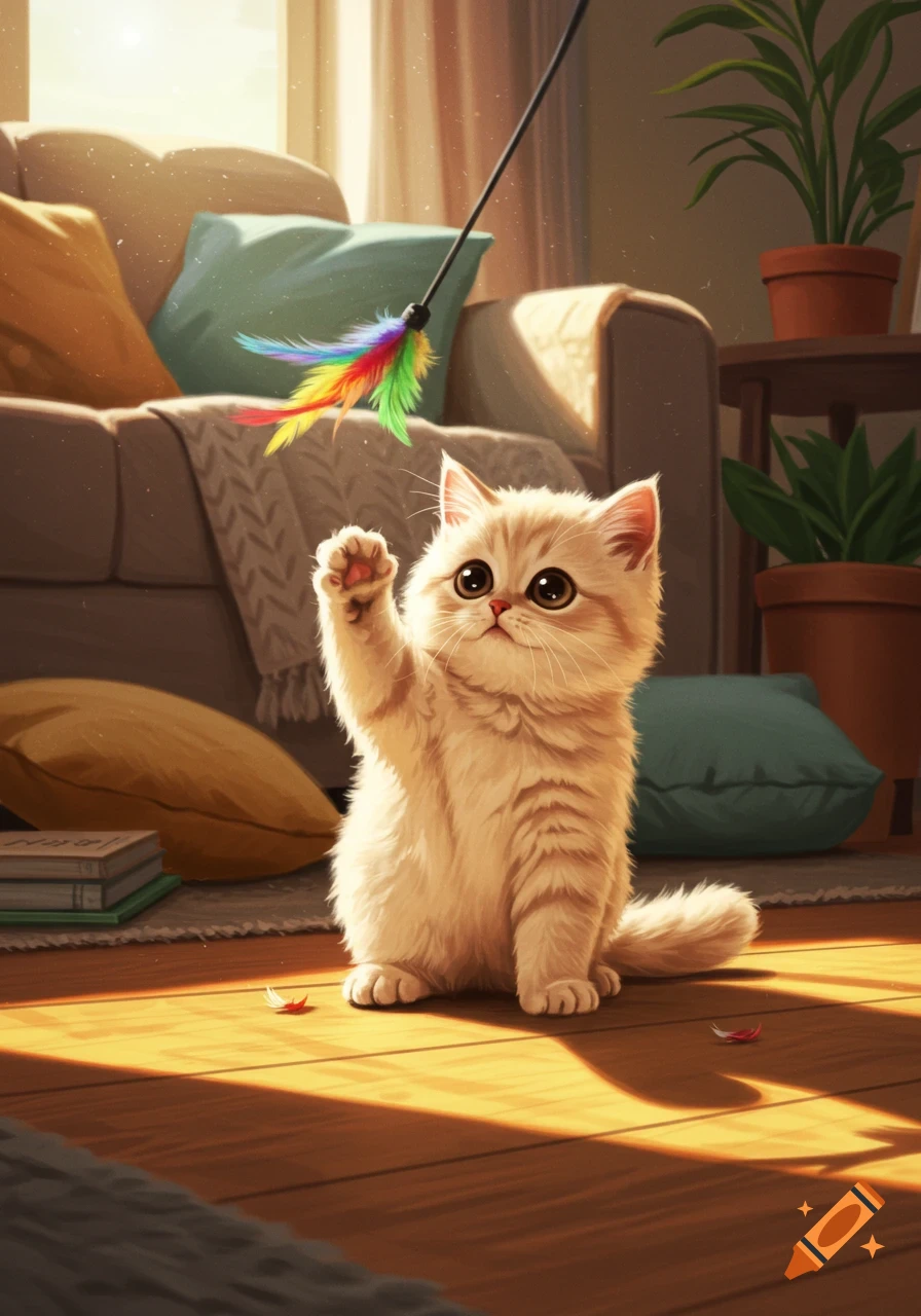 A cute, fluffy kitten with big eyes pounces at a rainbow feather toy in a sunlit living room.