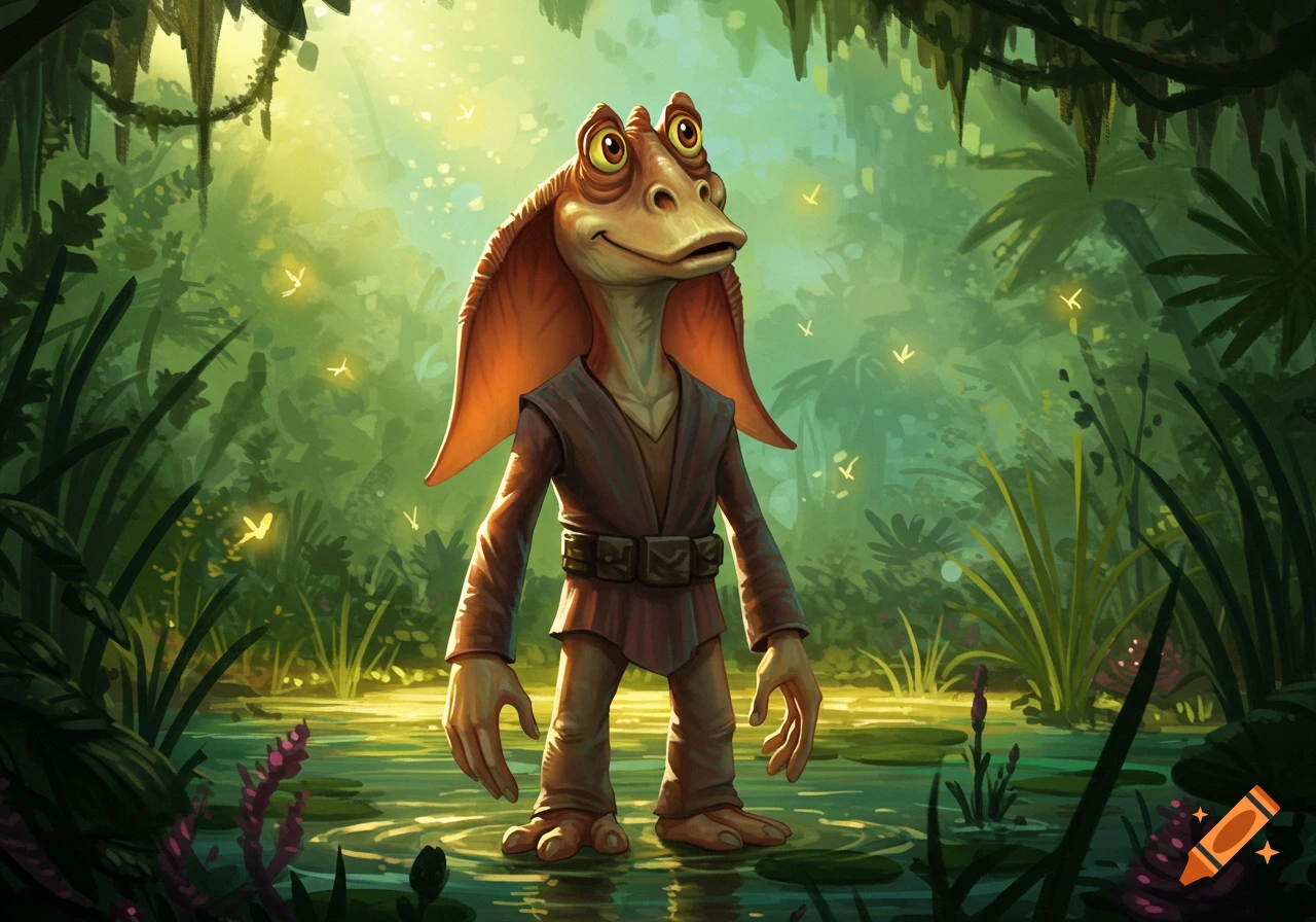 Jar Jar Binks stands in a sun-dappled swamp with fireflies, vibrant digital illustration.