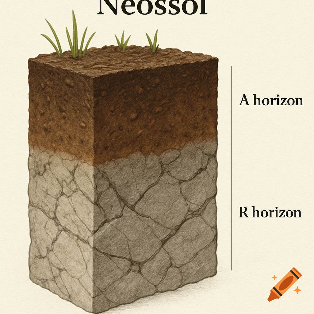 Didactic illustration of a Neossol soil profile with A and R horizons and grass.
