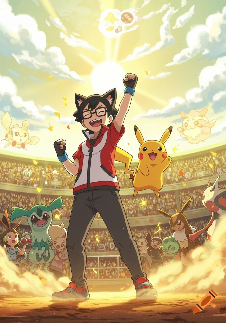 Anime boy with cat ears and glasses celebrates with a raised fist alongside Pikachu in a crowded stadium with other Pokemon.