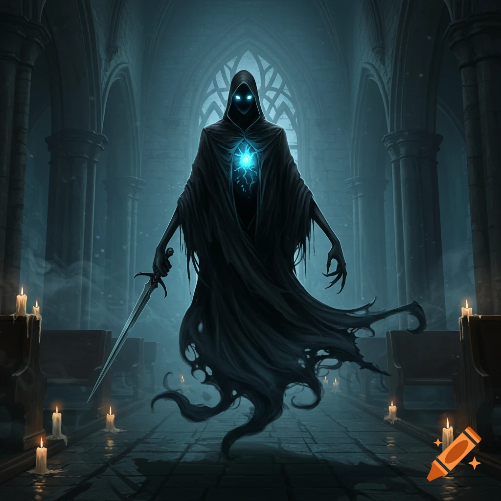 A spectral, hooded figure with glowing blue eyes and chest, holding a sword in a dark, candlelit gothic church.