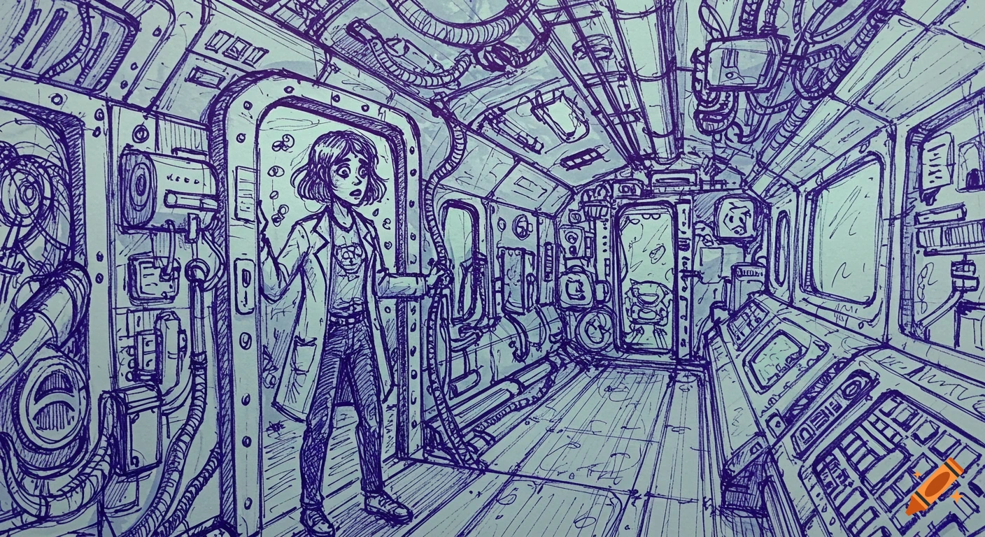 A purple ink sketch of a startled woman in a lab coat standing in a sci-fi submarine lab, filled with tubes and panels.