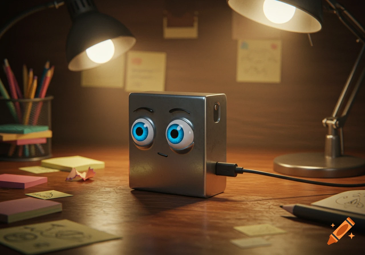 A metallic rectangular phone charger with large blue cartoon eyes sits on a wooden desk illuminated by two lamps, surrounded by stationery.