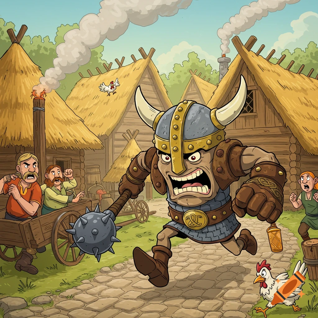 A cartoon illustration of an angry viking-like character with a horned helmet and mace running through a village, chasing a chicken while villagers look scared.