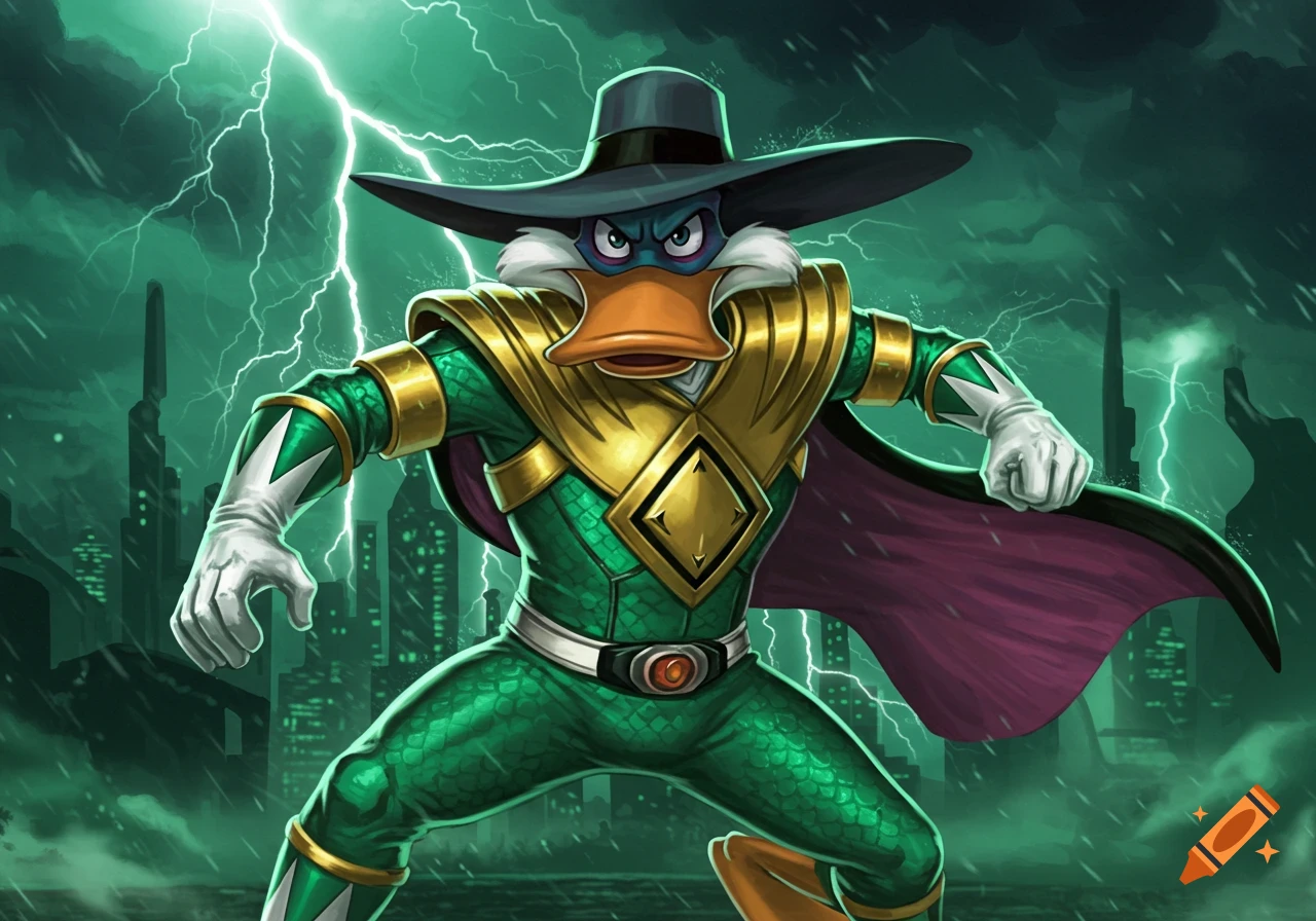Darkwing Duck as the Green Power Ranger strikes a pose against a stormy green cityscape with lightning.