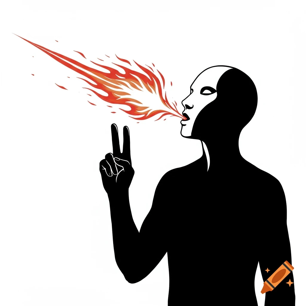 Stylized illustration of a person breathing fire and making a peace sign.