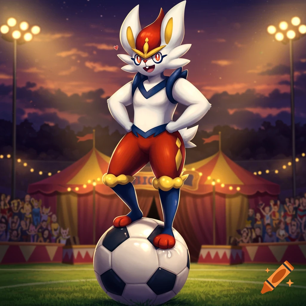 Cartoon Cinderace balances on a soccer ball in a circus stadium at dusk, with spotlights and a cheering crowd.