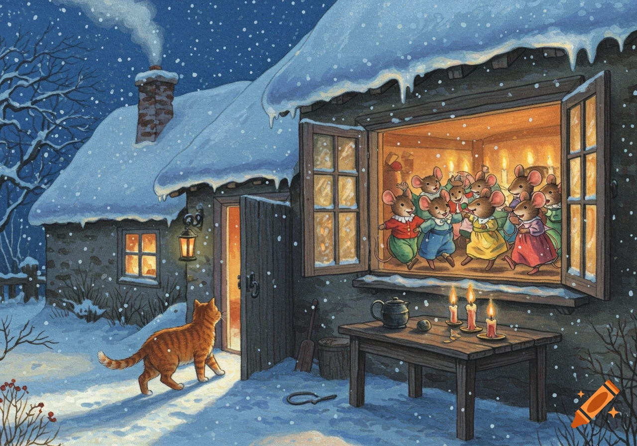 A ginger cat walks in the snow away from a cozy cottage where mice joyfully dance inside, a winter illustration.