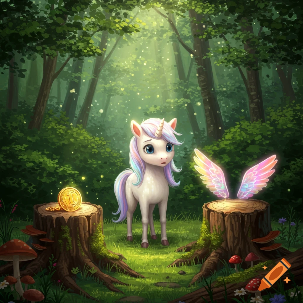 A cute, confused unicorn stands in a magical forest between a tree stump with a golden coin and another with glowing rainbow wings.