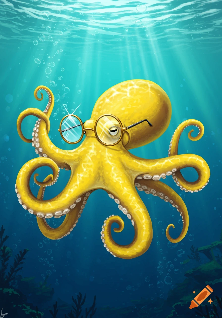A stylized yellow octopus with round glasses swims in a bright blue underwater scene with sun rays and bubbles.