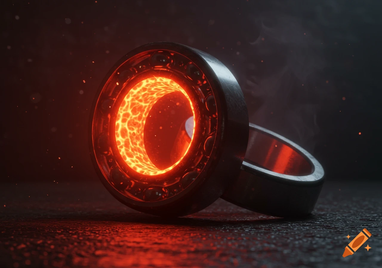 A glowing industrial ball bearing with a molten core on a dark, textured surface, emitting red light.