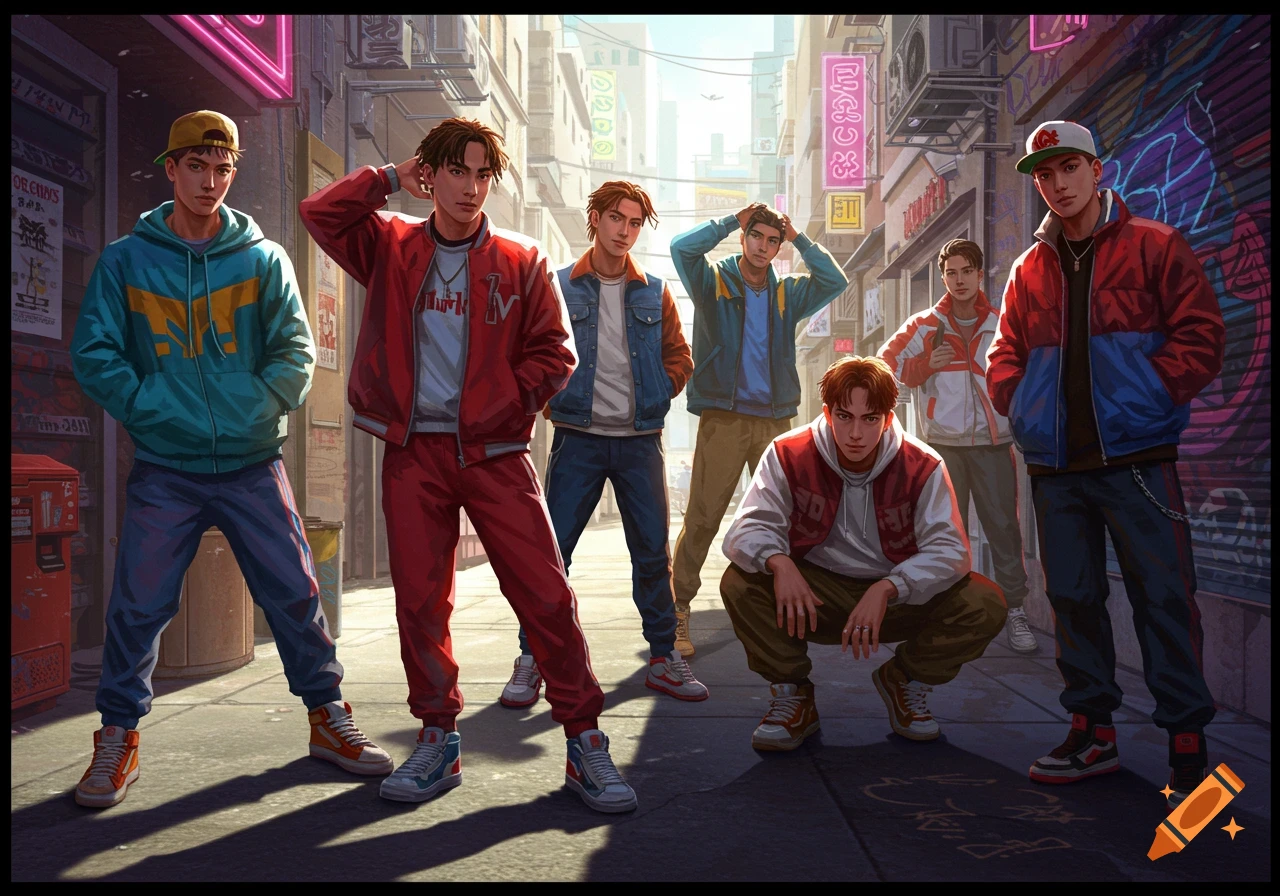 Six young men in hip-hop street fashion pose in a city alleyway with neon signs, in an anime art style.