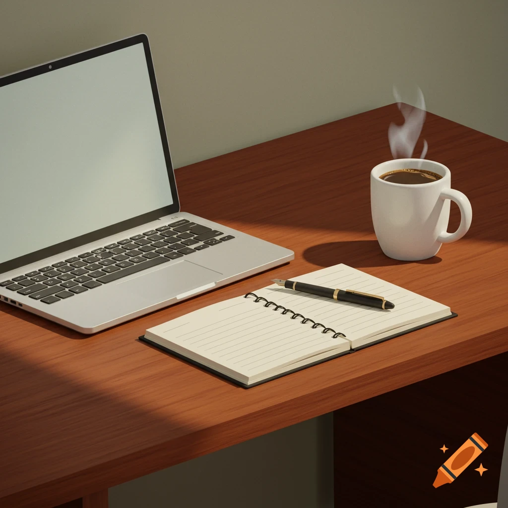 A laptop, open notebook with a pen, and a steaming mug of coffee on a wooden desk with sunlight casting shadows. Digitally drawn in a clipart style.