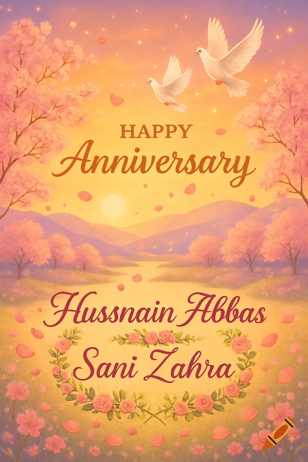 Illustrated anniversary card featuring white doves, pink cherry blossoms, and falling petals over a sunset landscape, with "Happy Anniversary Hussnain Abbas Sani Zahra" text.
