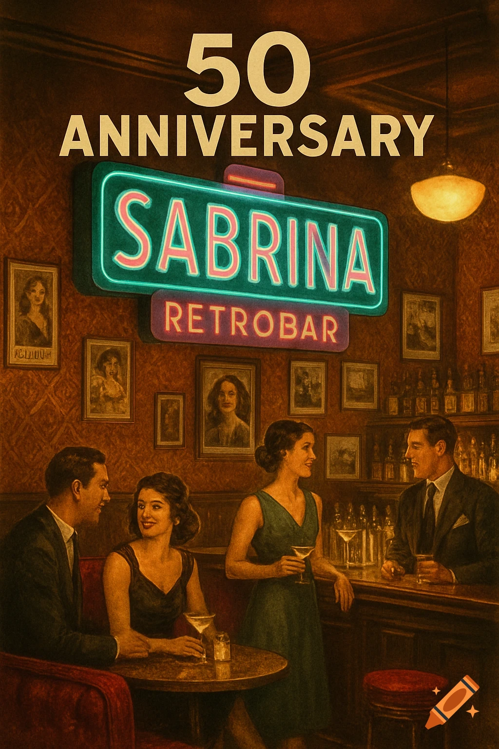 A retro-styled illustration of people socializing in a dim-lit bar with a 'Sabrina Retrobar' neon sign.