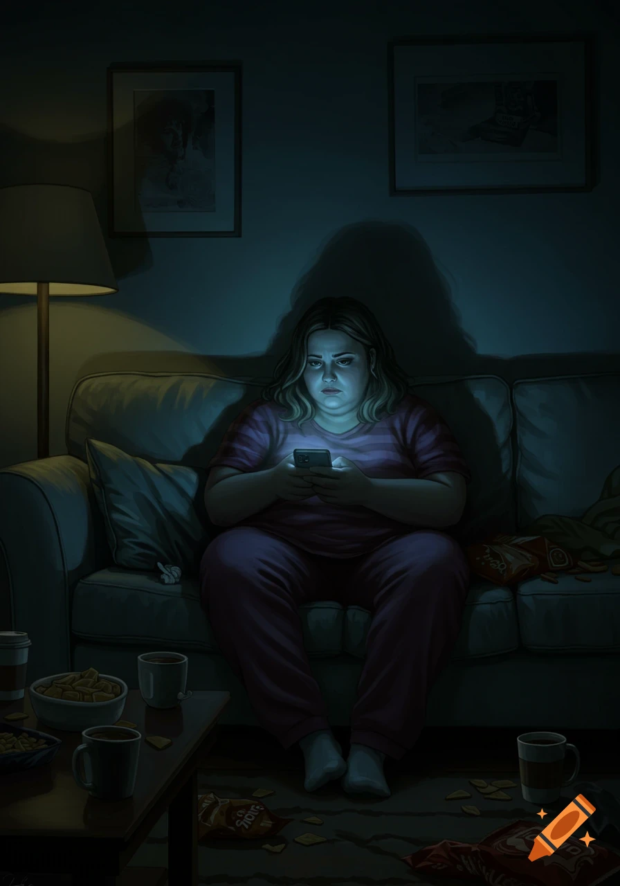 A plus-size woman on a dark, messy couch, staring dejectedly at her phone in a dimly lit room, with snacks scattered nearby.