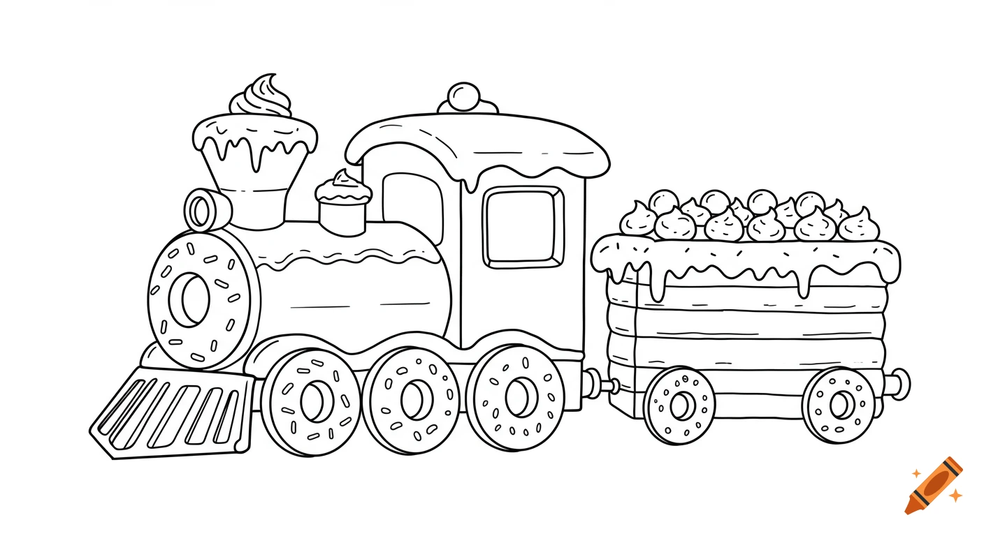 Black and white line art cartoon of a cake train with donut wheels, frosting, and gumdrop details.