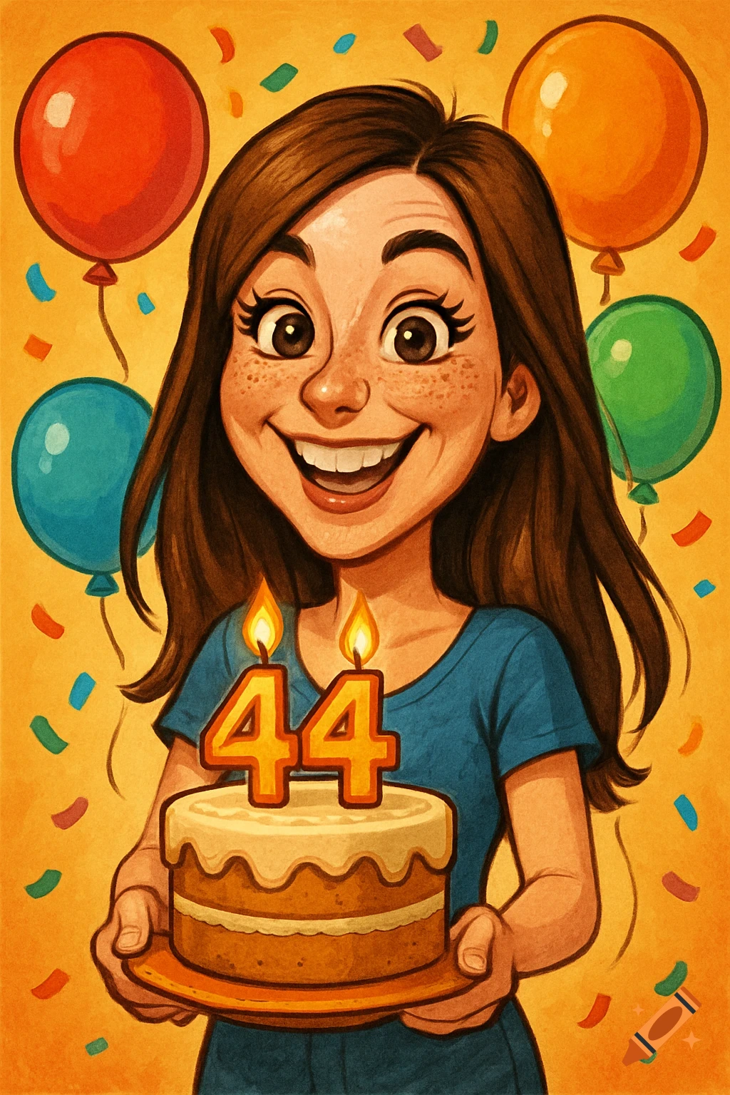 A happy cartoon girl with long brown hair and freckles holds a birthday cake with '44' candles, surrounded by colorful balloons and confetti.