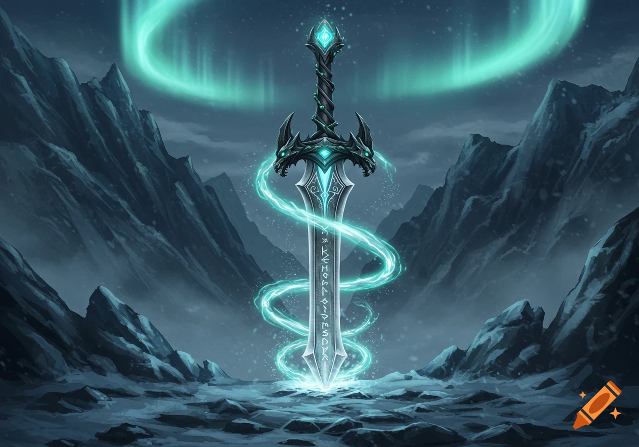 A glowing fantasy sword with ornate dragon-head hilt and magical runes, plunged into icy ground amidst dark mountains under an aurora sky.