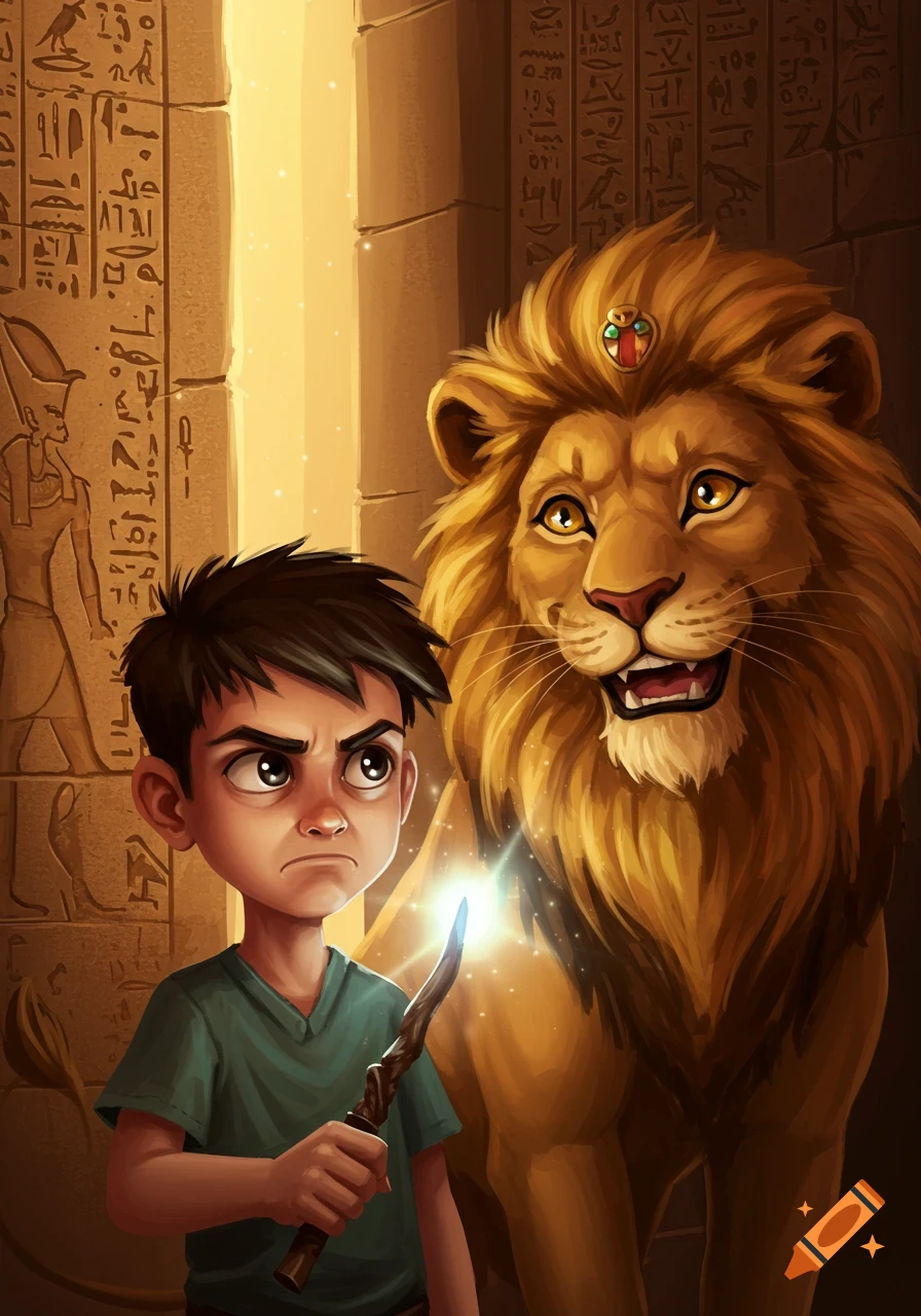 A grumpy young man holding a glowing wand looks at a smiling lion in an ancient chamber with hieroglyphs, in an illustrated style.
