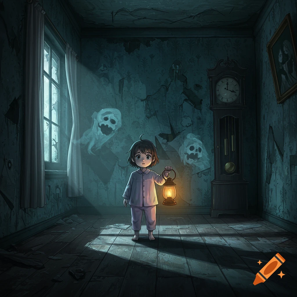 An anime child in pajamas holds a lantern, looking scared at cartoon ghosts in a dark, dilapidated room.