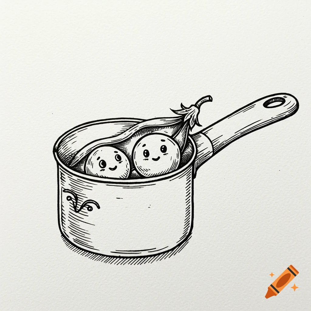 A black and white lino print illustration of two happy cartoon peas in a pod, sitting inside a saucepan.
