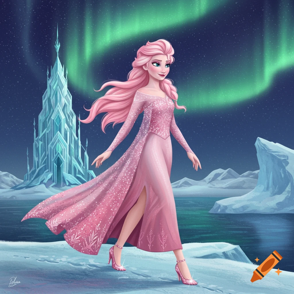 A character resembling Elsa with long pink hair and a sparkling pink gown walks through a snowy landscape with an ice castle and green aurora borealis.