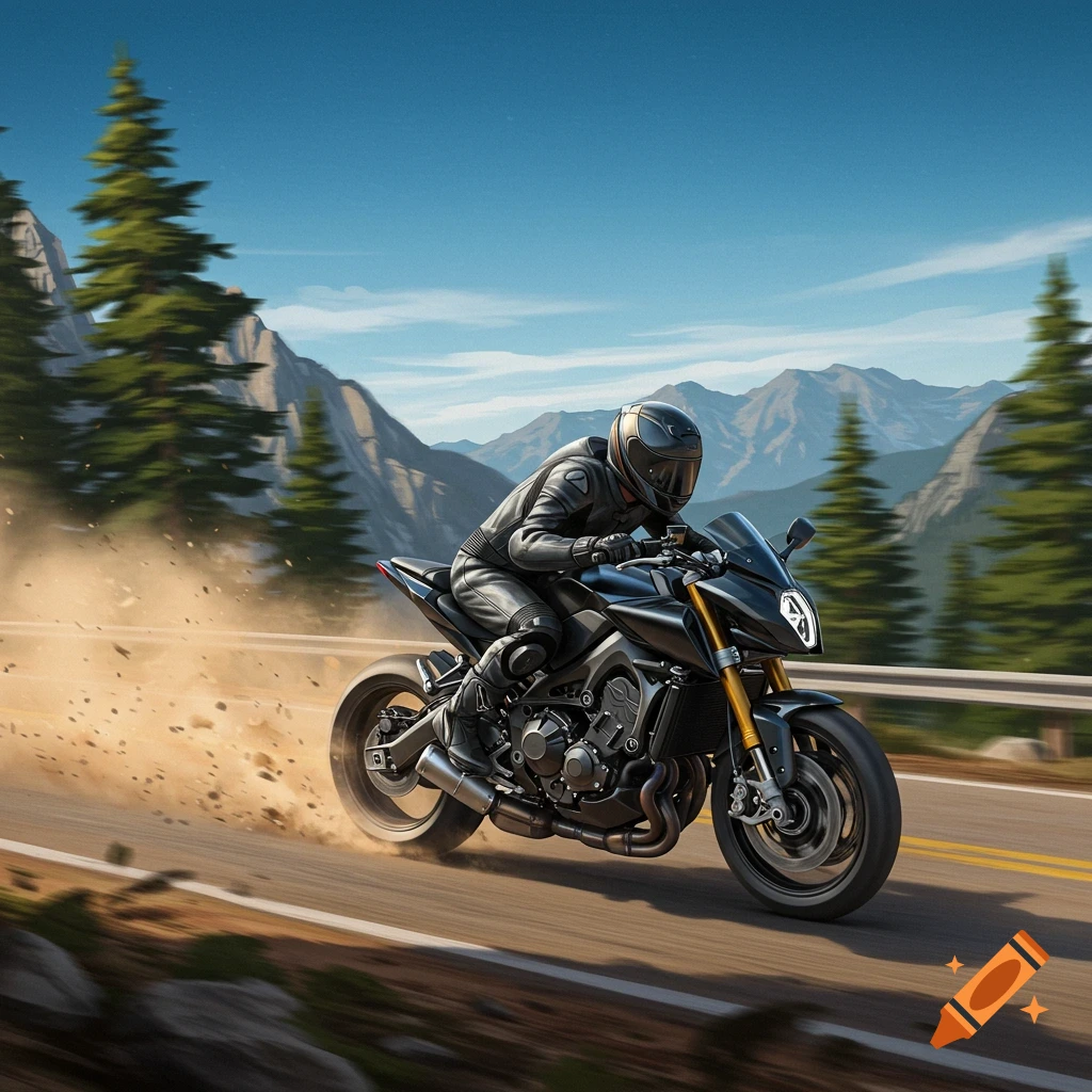 A motorcyclist in a black racing suit speeds down a winding mountain road, kicking up dust, with pine trees and mountains in the background.