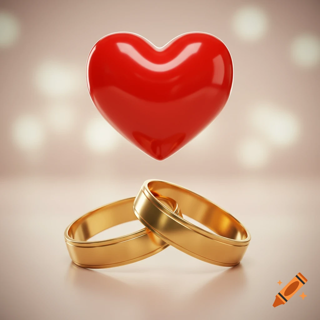 A glossy red heart floats above two intertwined golden wedding rings on a soft, blurred background.