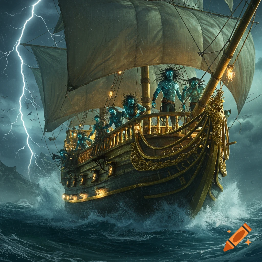 Photorealistic golden pirate ship with glowing blue mythological sea figures sailing through a stormy sea with lightning.