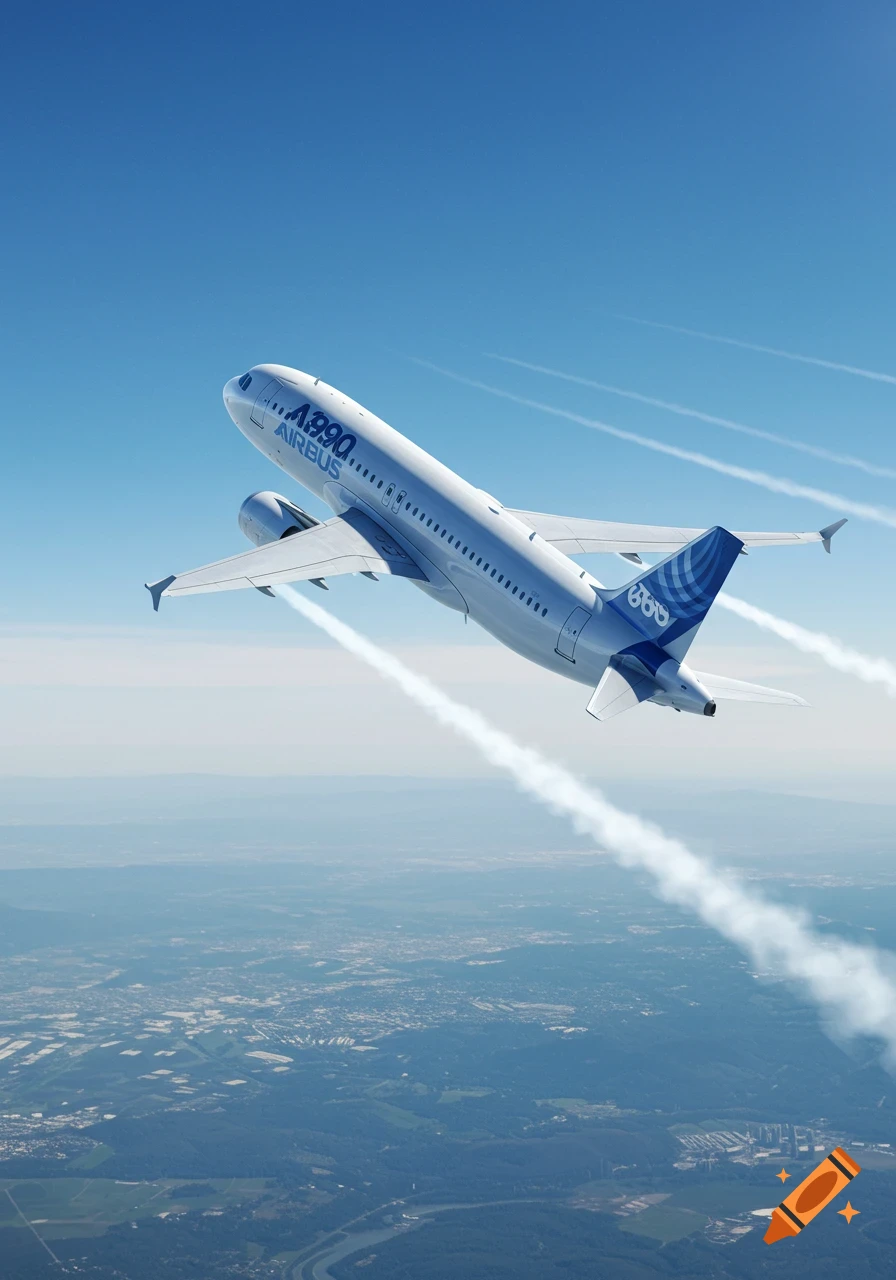 A white airplane with blue text on its side flies in a clear blue sky, leaving contrails over a landscape.