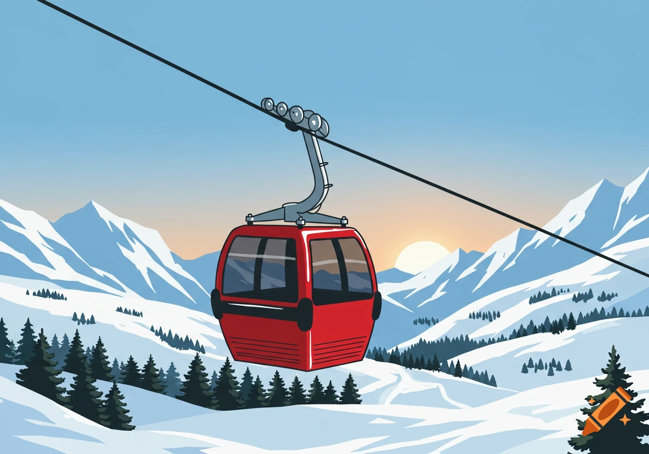 Red ski gondola suspended over a snowy mountain landscape with pine trees and a setting sun in clip art style.