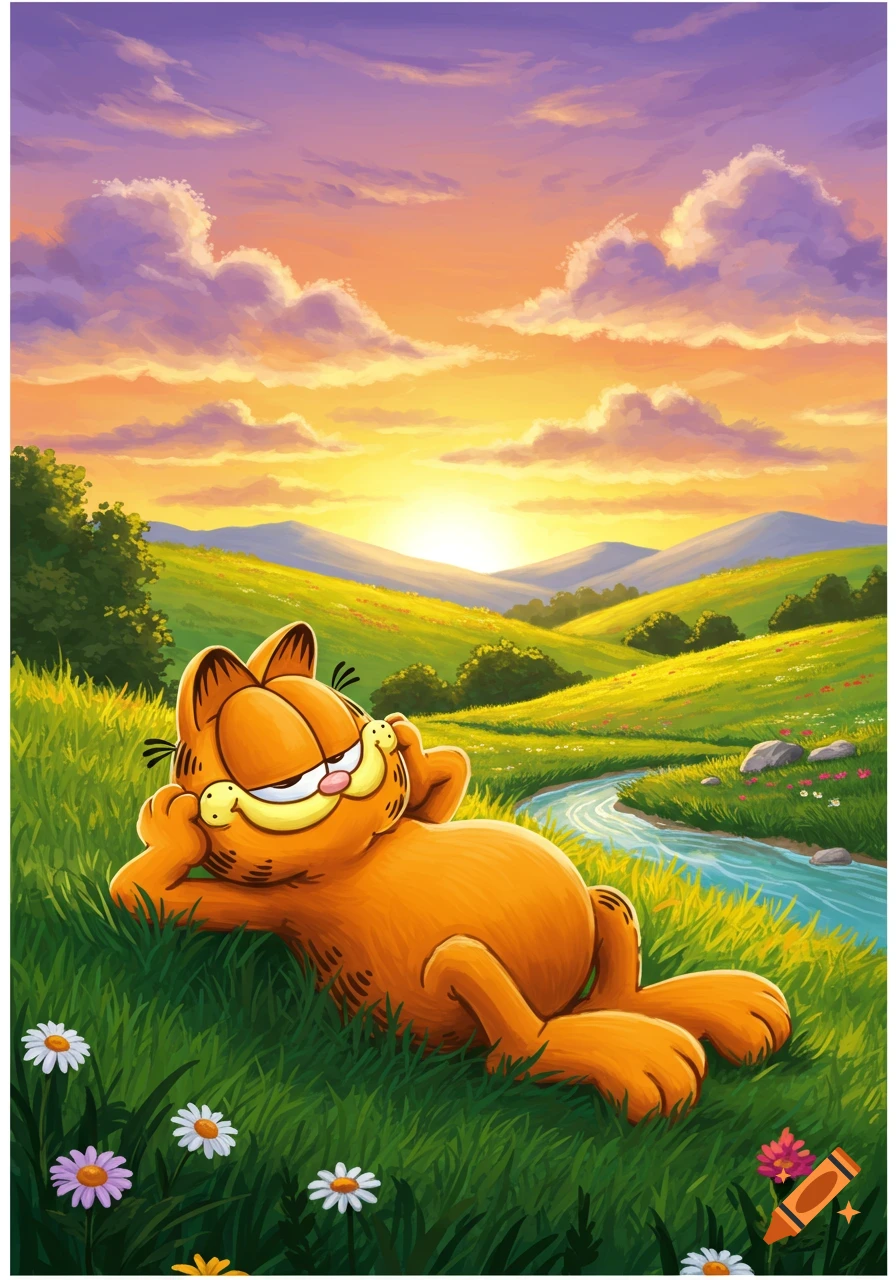 Cartoon illustration of Garfield the cat relaxing in a grassy meadow with a stream, hills, and a vibrant sunset sky.