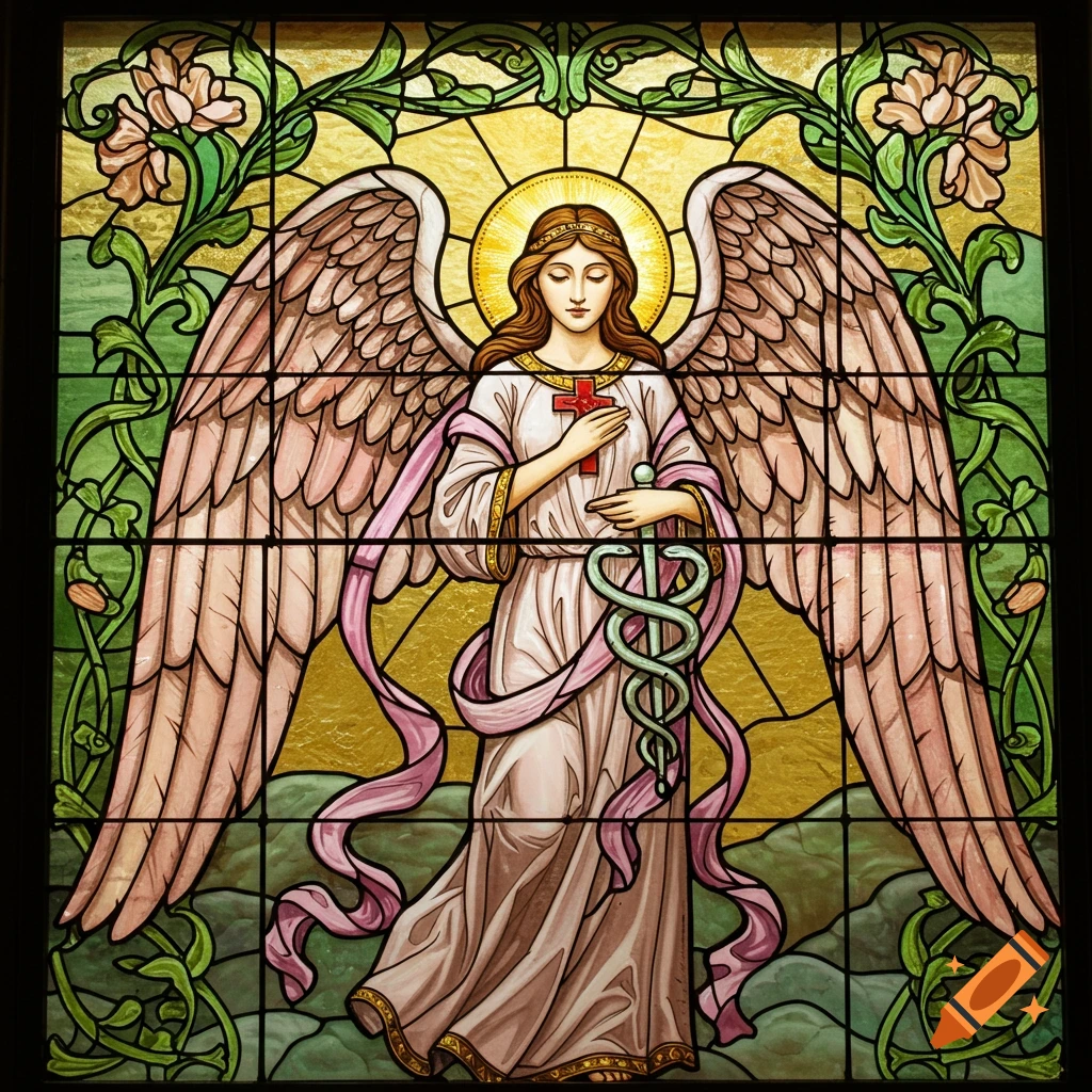 Stained-glass artwork of a winged angel with a halo, holding a cross and a caduceus, surrounded by green floral motifs.