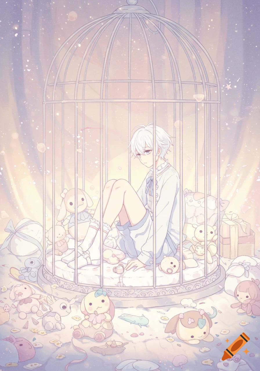Anime boy with white hair sits in a pastel cage filled with plushies, sparkling background.