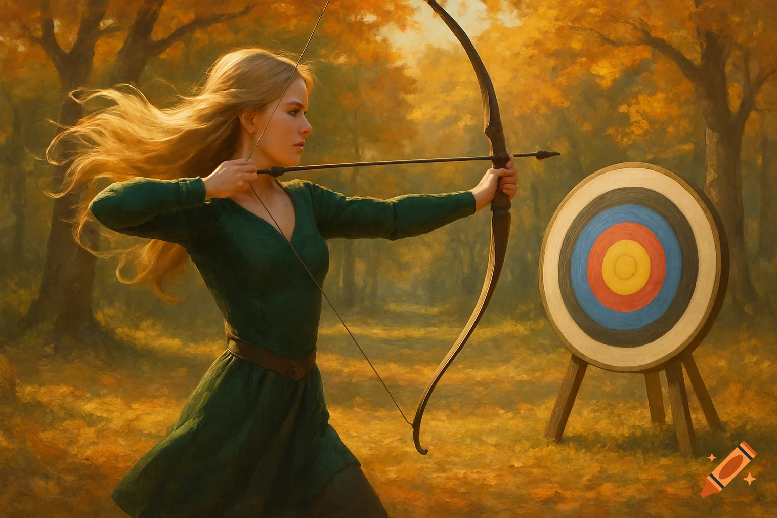 A blonde female archer in a green tunic aims a bow and arrow at a target in an autumn forest.