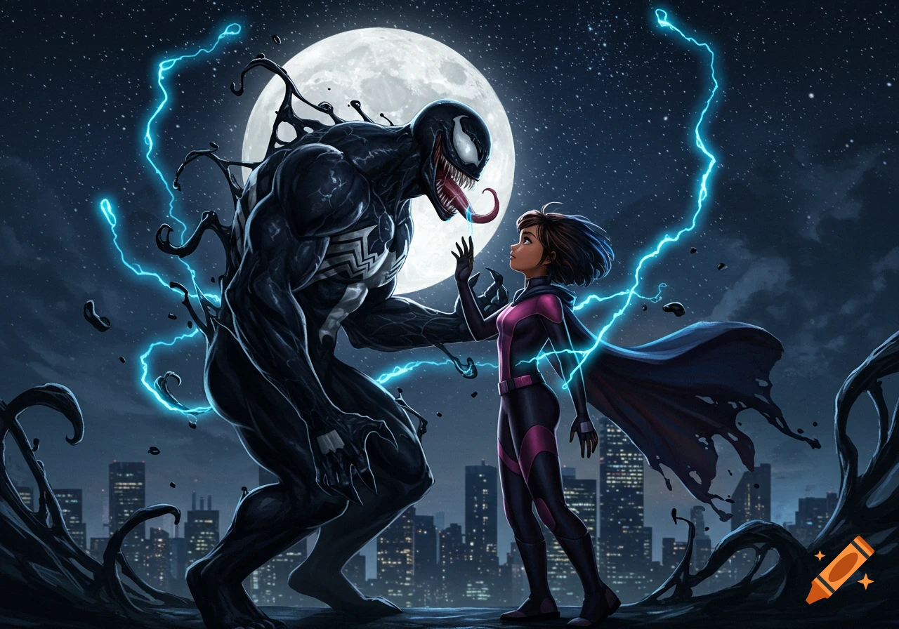 Comic art of Venom and a female superhero interacting under a full moon over a city skyline at night.