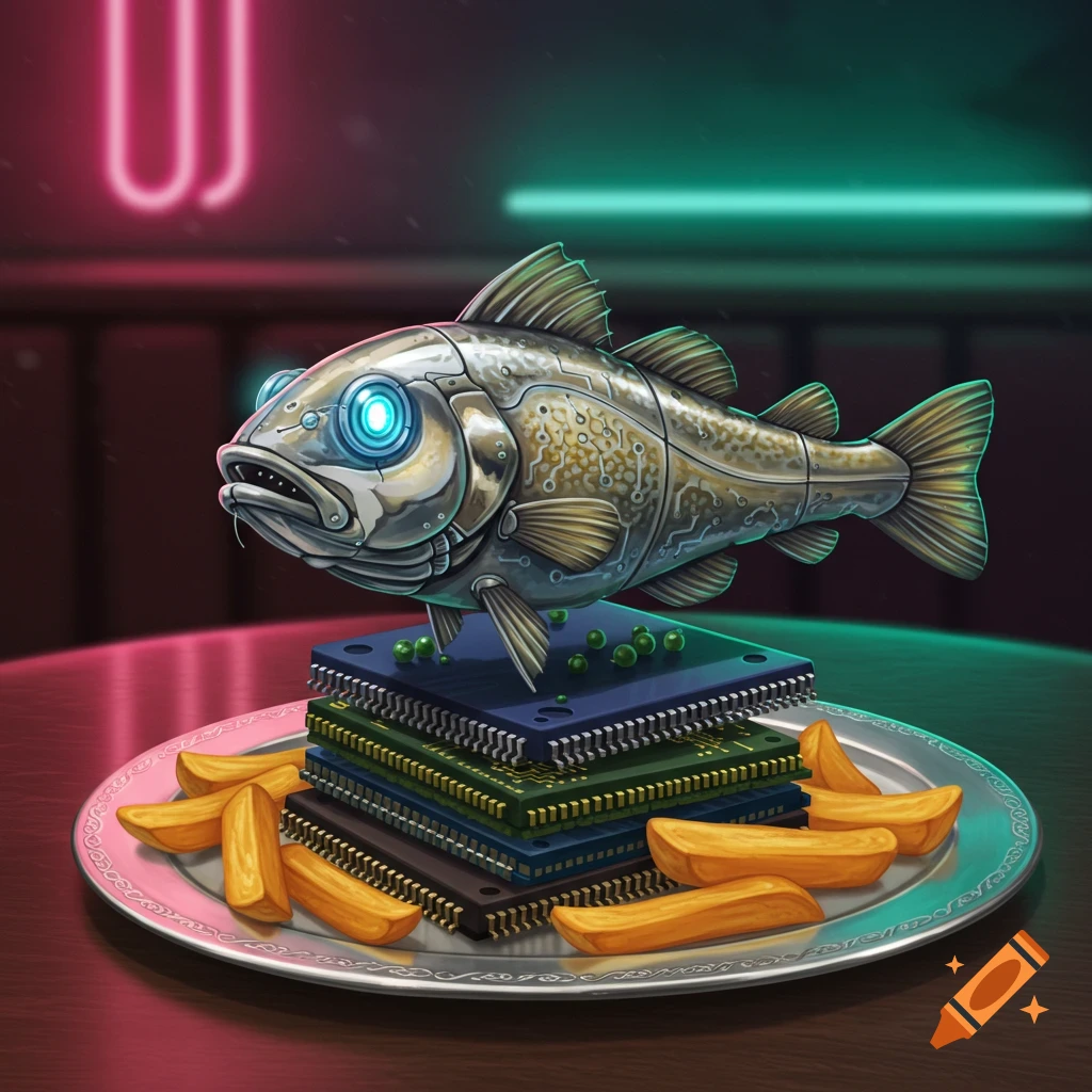 A stylized robotic fish with glowing blue eyes sits atop a stack of colorful computer chips, surrounded by french fries, on a plate in a neon-lit room.
