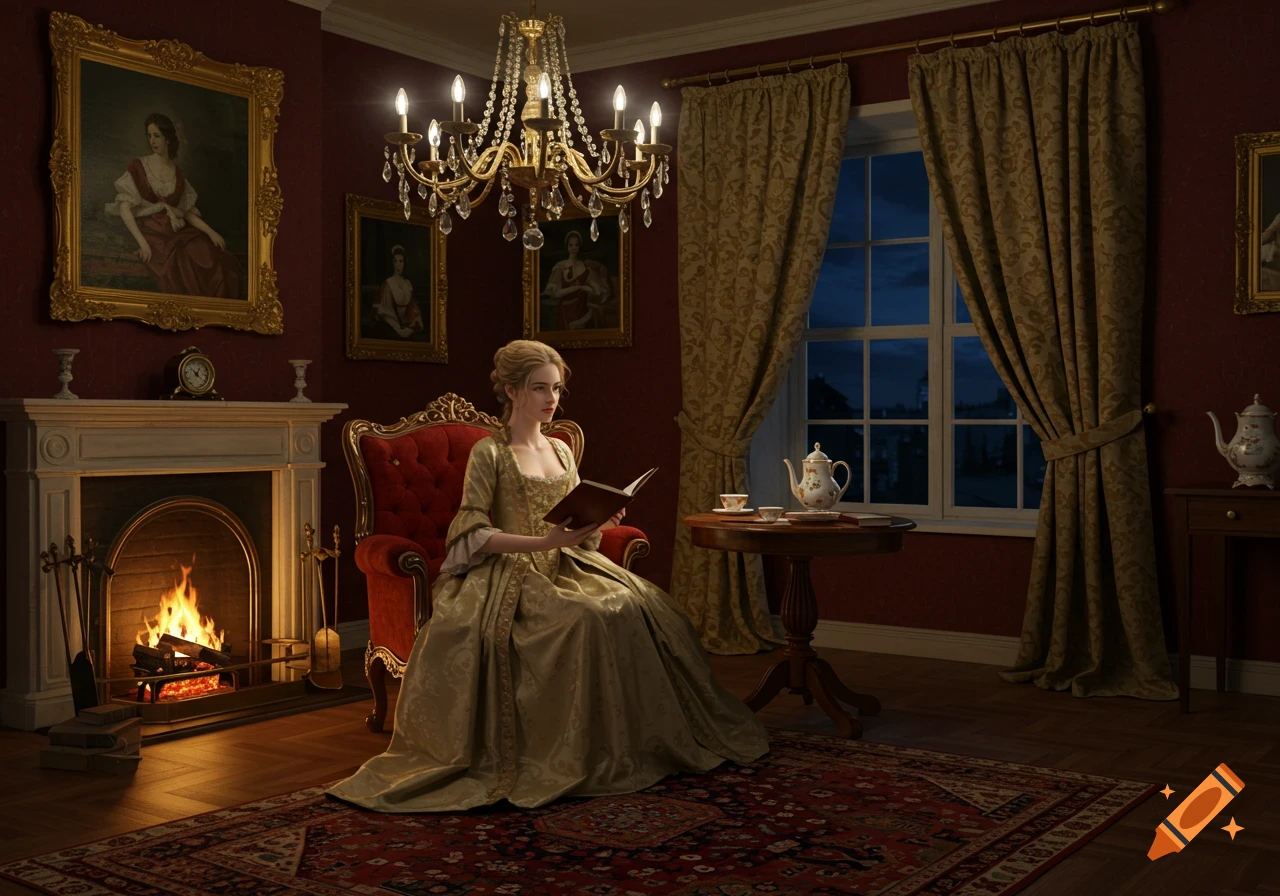 A woman in a historical gown reads a book by a fireplace in a richly decorated room at night.