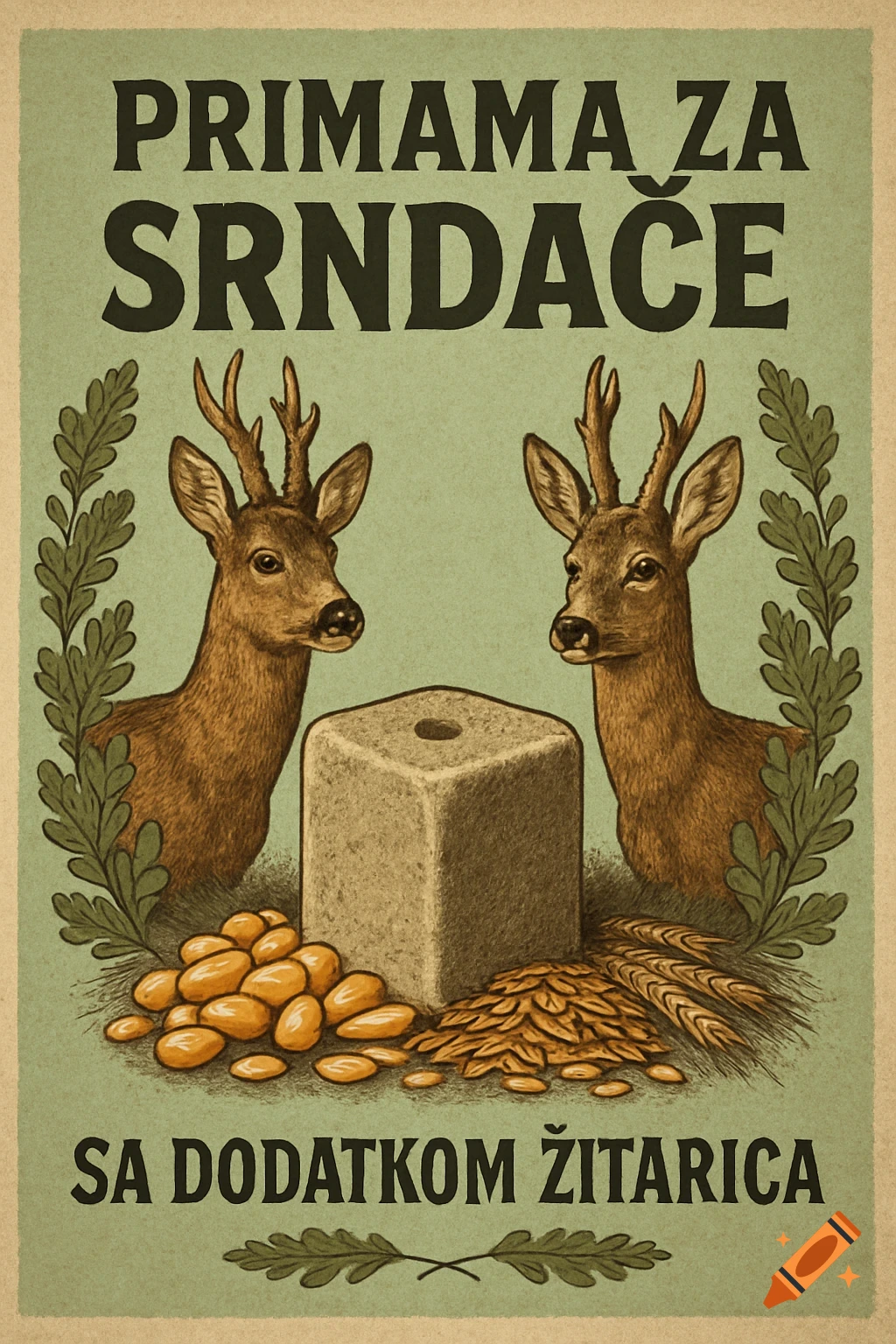 Vintage poster with two roe deer bucks flanking a salt lick and grains, framed by oak leaves, with Serbian text.