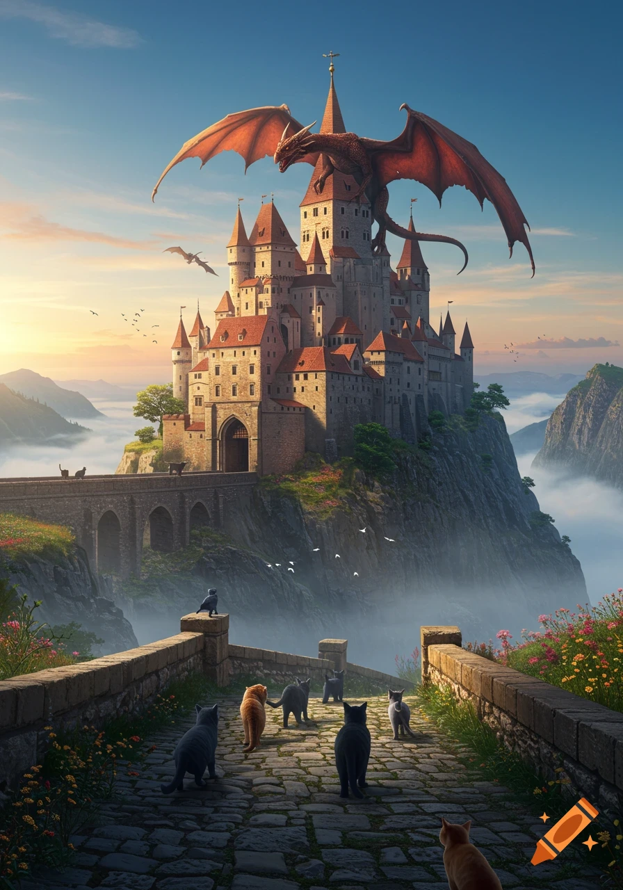 A majestic fantasy castle with a red dragon on its spire, and cats on a cobblestone path, surrounded by misty mountains at sunset.