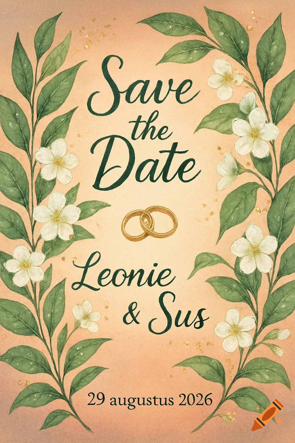 Watercolor wedding save the date invitation with green leaves, white flowers, golden rings, and text 'Save the Date Leonie & Sus 29 augustus 2026'.