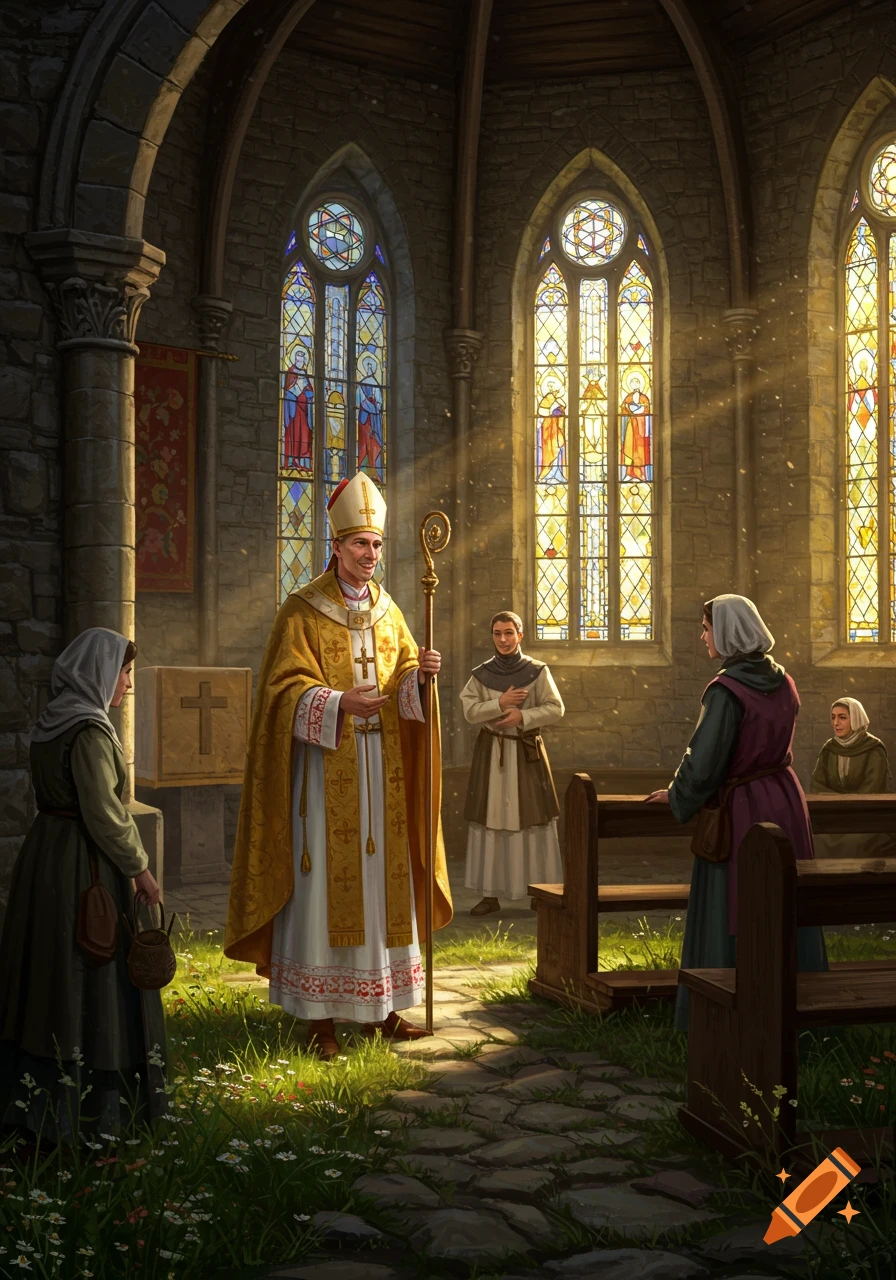 An illustration of a bishop holding a staff, standing in a medieval church with stained glass windows, addressing people. Sunlight streams into the church.