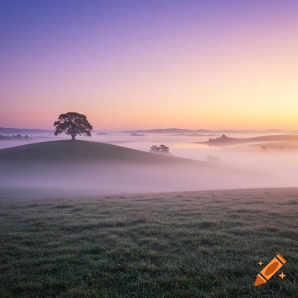 Photorealistic image of a lone tree on a misty green hill at sunrise, with a vibrant purple and orange sky.
