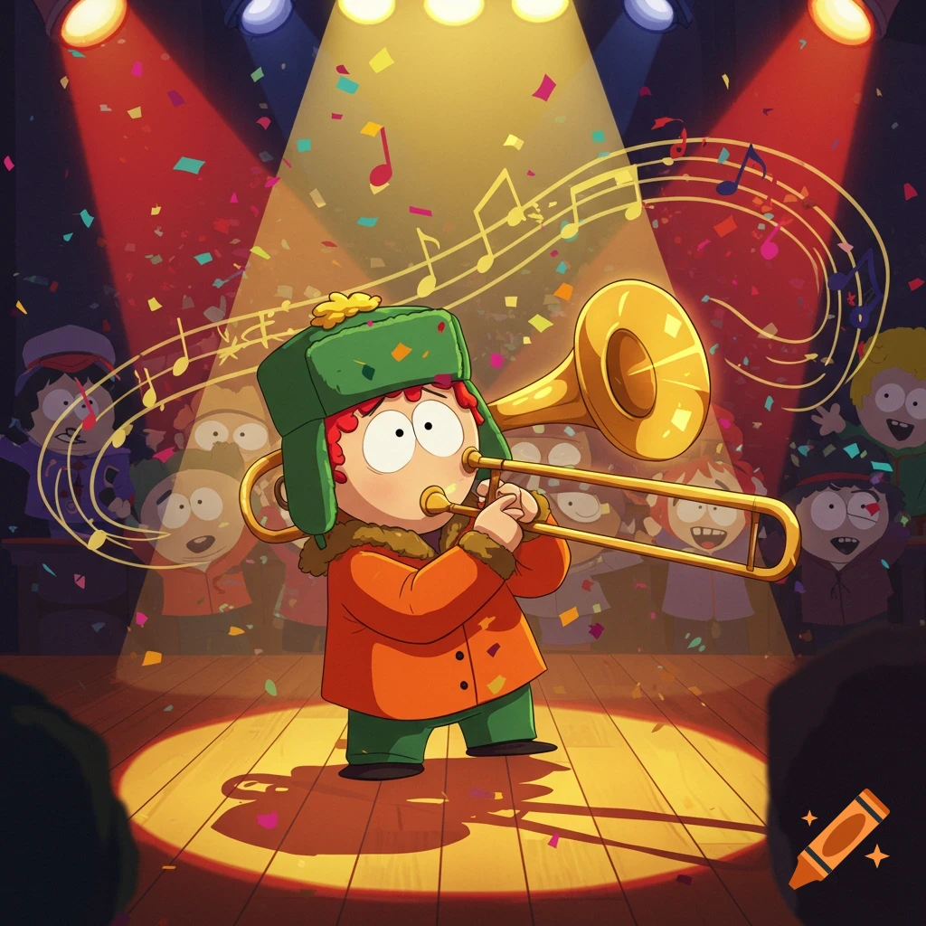 Kyle Broflovski from South Park plays a trombone on a confetti-filled stage with other characters cheering in the background.