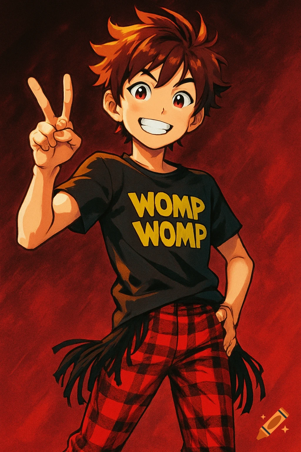 Anime boy in a black t-shirt with 'WOMP WOMP' and red plaid pants makes a peace sign on a dark red background.